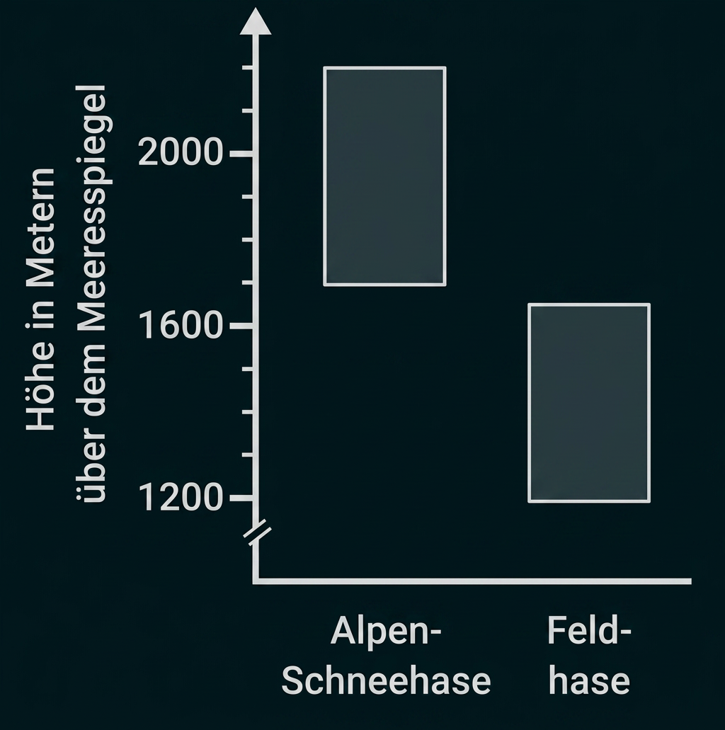 Balkendiagramm zur Höhe über dem Meeresspiegel von Alpen-Schneehasen und Feldhasen.